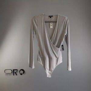 Express Light Gray Ribbed V Neck Wrap Bodysuit Sz M Long Sleeve, NWT